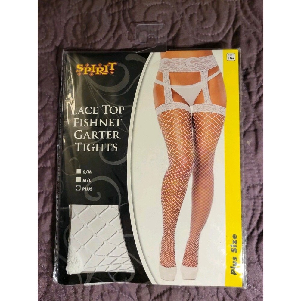 NIP Women's Lace Thigh High Stockings White PLUS Fishnet Attached Garter Belt